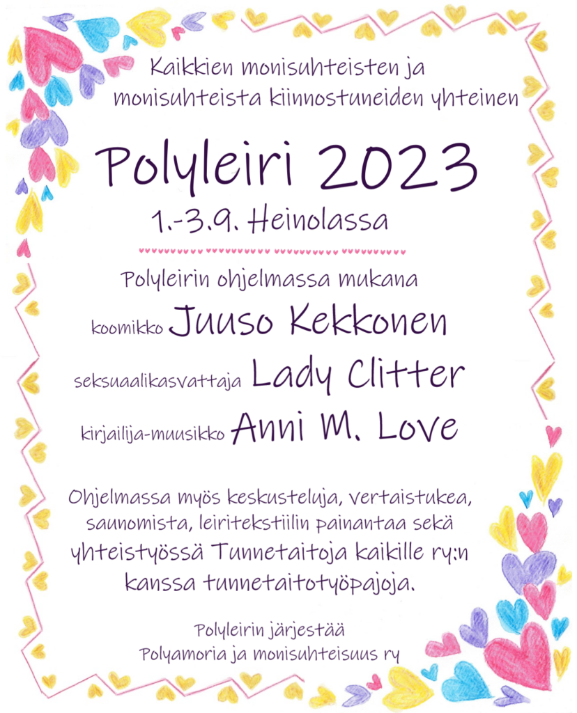 Polyleiri 2023 mainos. Ohjelmassa koomikko Juuso Kekkonen, seksuaalikasvattaja Lady Clitter ja kirjailija-muusikko Lady M. Love